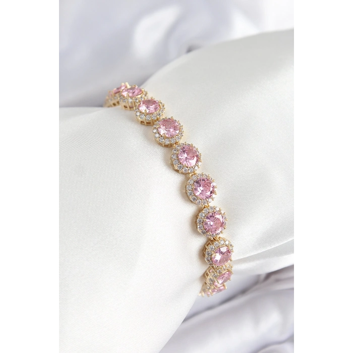 Pirinç Pembe Zirkon Taşlı Daire Baget Model Gold Renk VIP Seri Kadın Bileklik