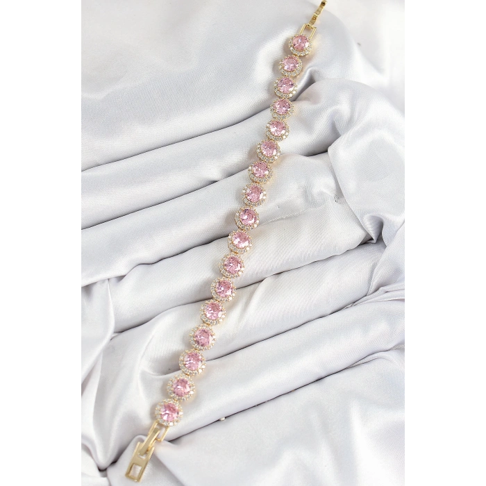 Pirinç Pembe Zirkon Taşlı Daire Baget Model Gold Renk VIP Seri Kadın Bileklik