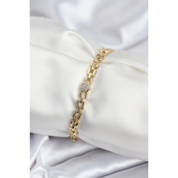Pirinç VIP Seri Gold Renk Zincir Model Kalpli Zirkon Taşlı Kadın Bileklik