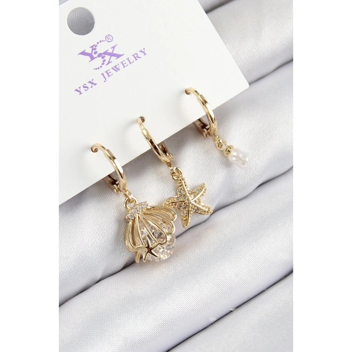 Pirinç Zirkon Taşlı 3lü İstiridye Ve Yıldız Model Gold Renk Kadın Küpe