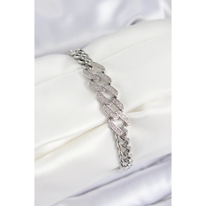 Pirinç Zirkon Taşlı Ezme Küba Zincir Model Gümüş Renk Kadın Bileklik