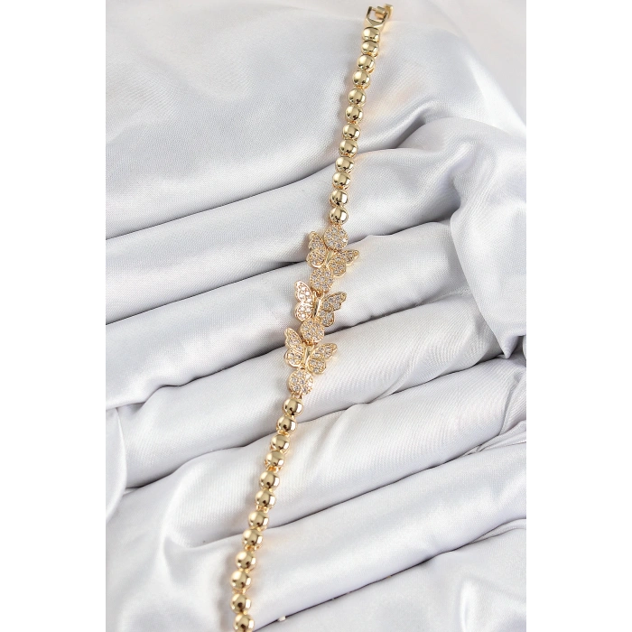 Pirinç Zirkon Taşlı Kelebek Model Gold Renk Kadın Bileklik