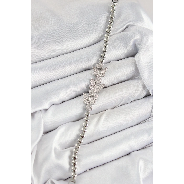 Pirinç Zirkon Taşlı Kelebek Model Gümüş Renk Kadın Bileklik