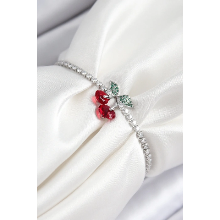 Pirinç Zirkon Taşlı Kiraz Model Gümüş Renk Asansörlü Kadın Bileklik