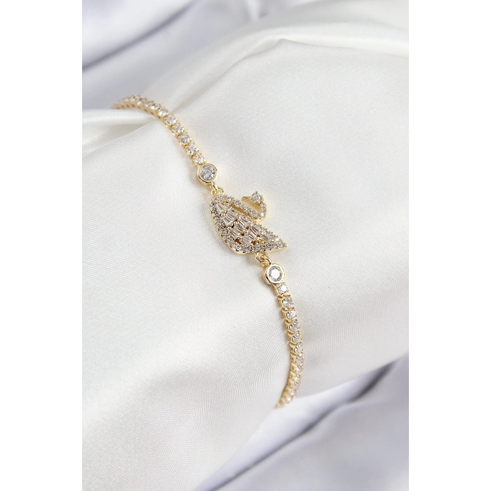 Pirinç Zirkon Taşlı Kuğu Model Gold Renk Kadın Bileklik