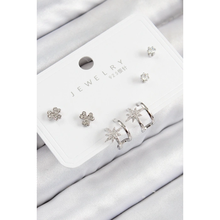 Pirinç Zirkon Taşlı Kutup Yıldızı Model Gümüş Renk 925 Ayar Gümüş Çivi Kadın Küpe Set