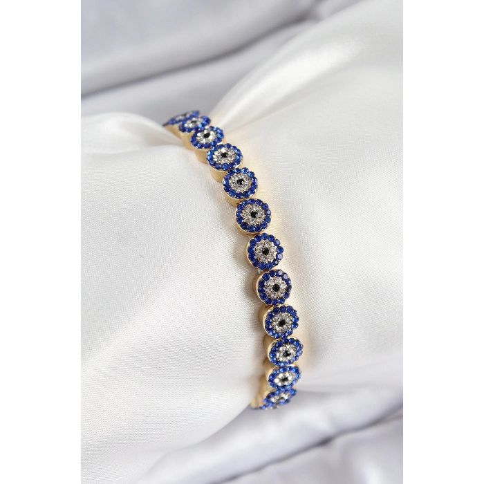 Pirinç Zirkon Taşlı Lacivert Nazar Model Gold Renk Lastikli Kadın Bileklik