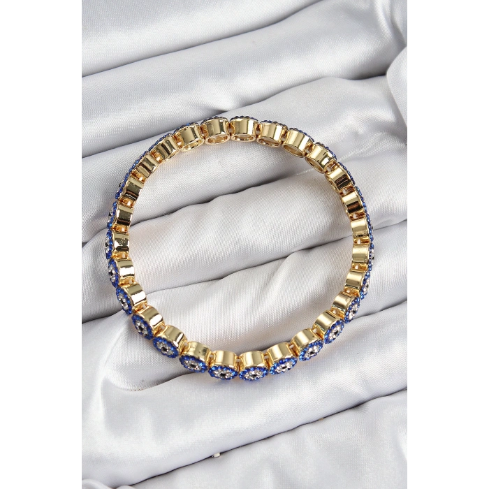 Pirinç Zirkon Taşlı Lacivert Nazar Model Gold Renk Lastikli Kadın Bileklik