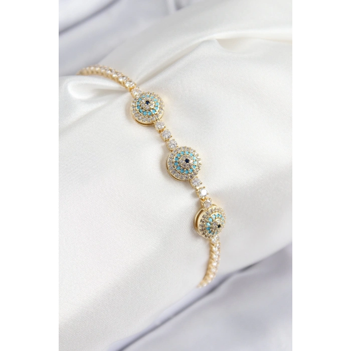 Pirinç Zirkon Taşlı Nazar Model Gold Renk Kadın Bileklik