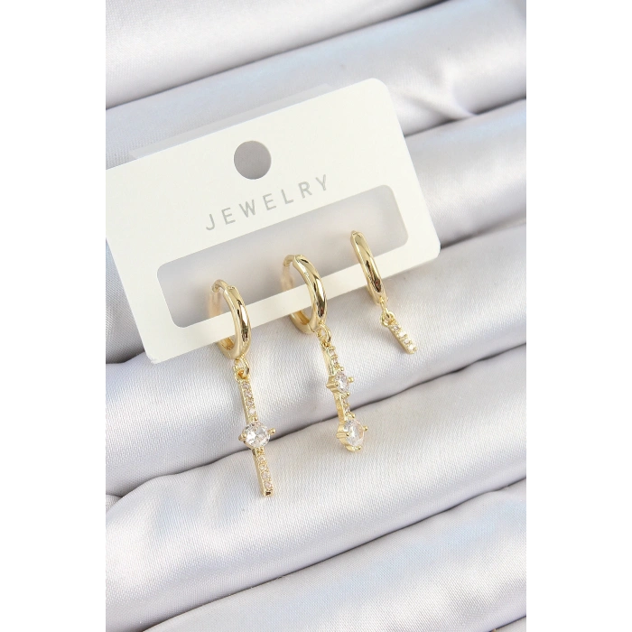 Pirinç Zirkon Taşlı Sallantılı Model Gold Renk 3lü Çift Kadın Küpe Set