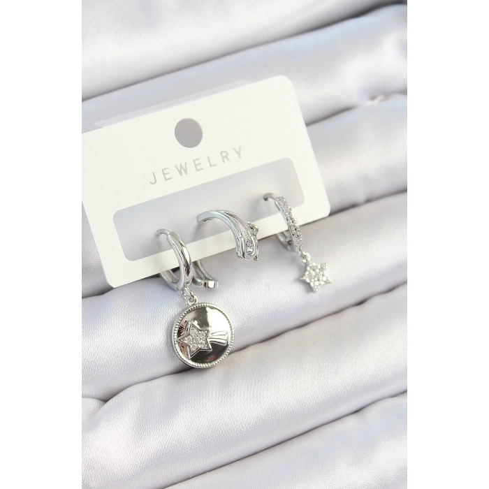 Pirinç Zirkon Taşlı Sallantılı Yıldız Model Gümüş Renk 3lü Çift Kadın Küpe Set