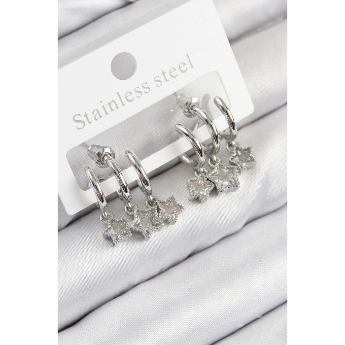 Pirinç Zirkon Taşlı Sallantılı Yıldız Model Gümüş Renk Kadın Küpe