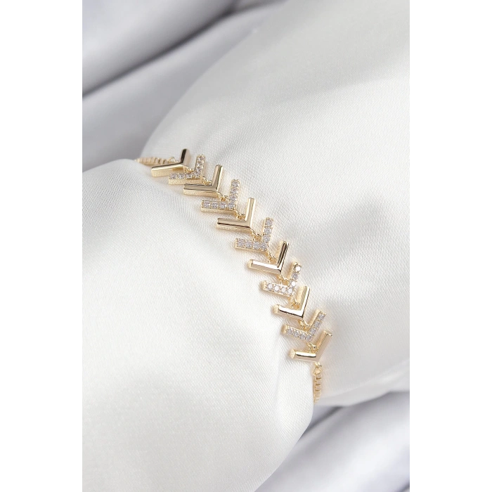 Pirinç Zirkon Taşlı Sıralı Ok Model Gold Renk Asansörlü Kadın Bileklik
