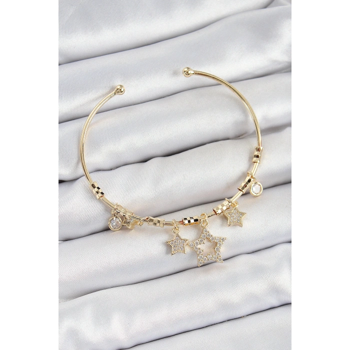 Pirinç Zirkon Taşlı Yıldız Model Gold Renk Charm Bileklik