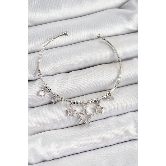 Pirinç Zirkon Taşlı Yıldız Model Gümüş Renk Charm Bileklik