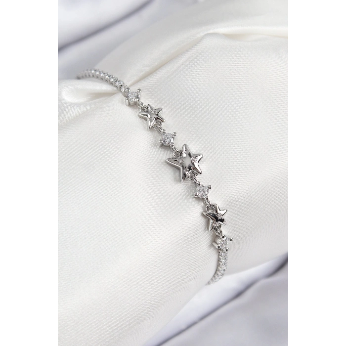 Pirinç Zirkon Taşlı Yıldız Model Gümüş Renk Kadın Bileklik