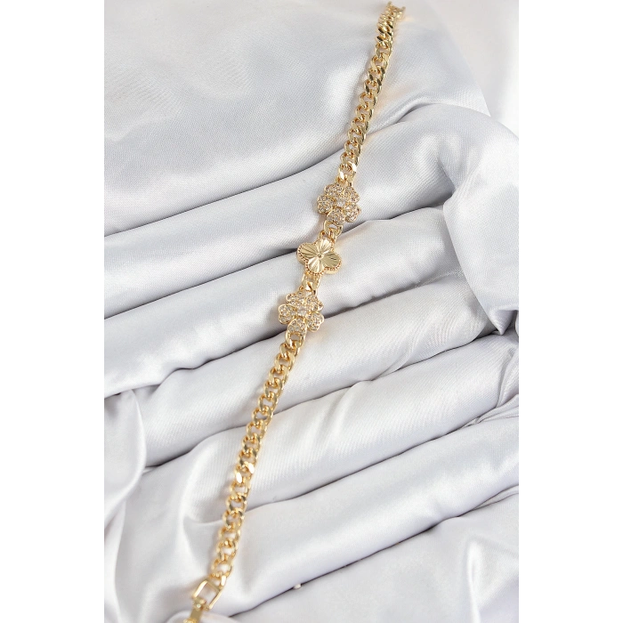 Pirinç Zirkon Taşlı Yonca Model Gold Renk Kadın Bileklik