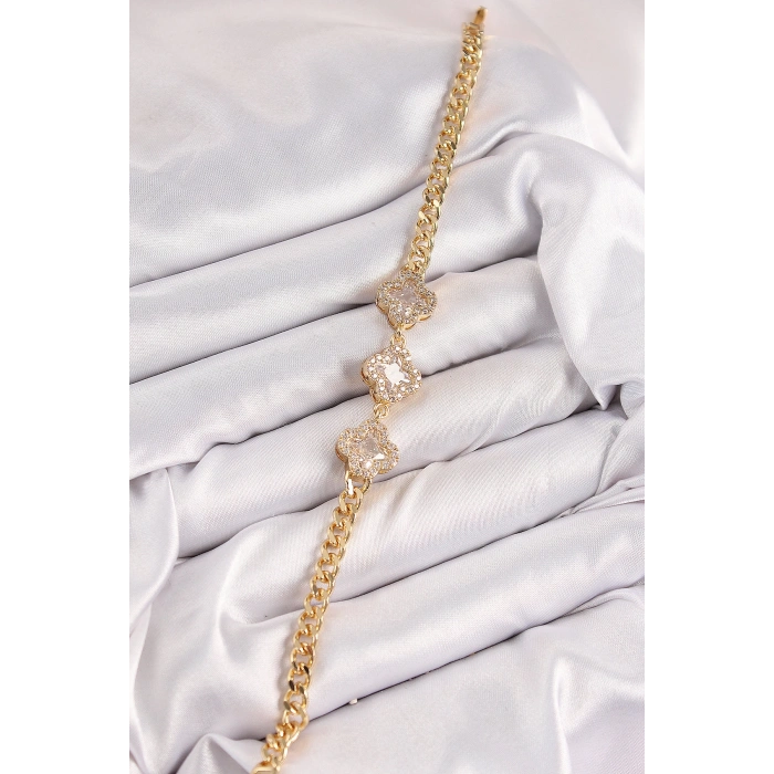 Pirinç Zirkon Taşlı Yonca Model Gold Renk Kadın Bileklik