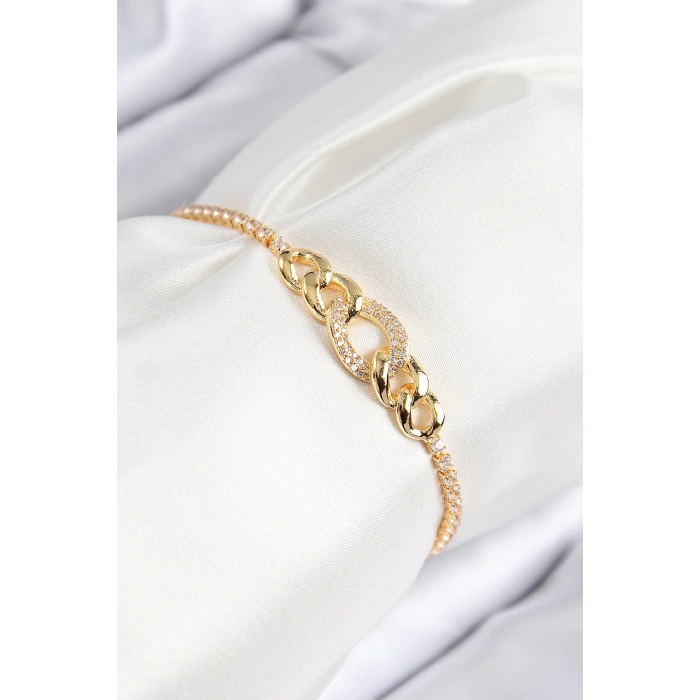 Pirinç Zirkon Taşlı Zincir Model Gold Renk Asansörlü Kadın Bileklik