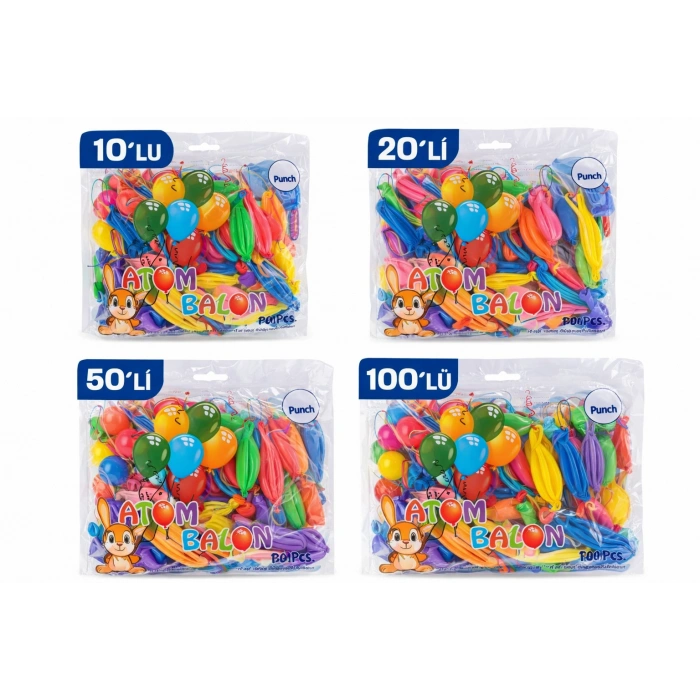 Renkli Atom Balon Punch Balon Lastik İpli Parti Balonu 10 ADET