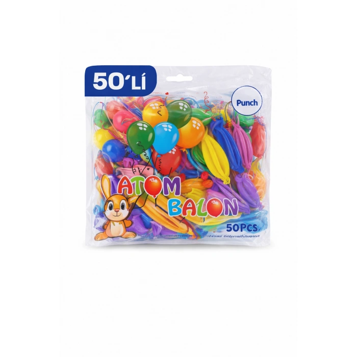 Renkli Atom Balon Punch Balon Lastik İpli Parti Balonu 50 ADET