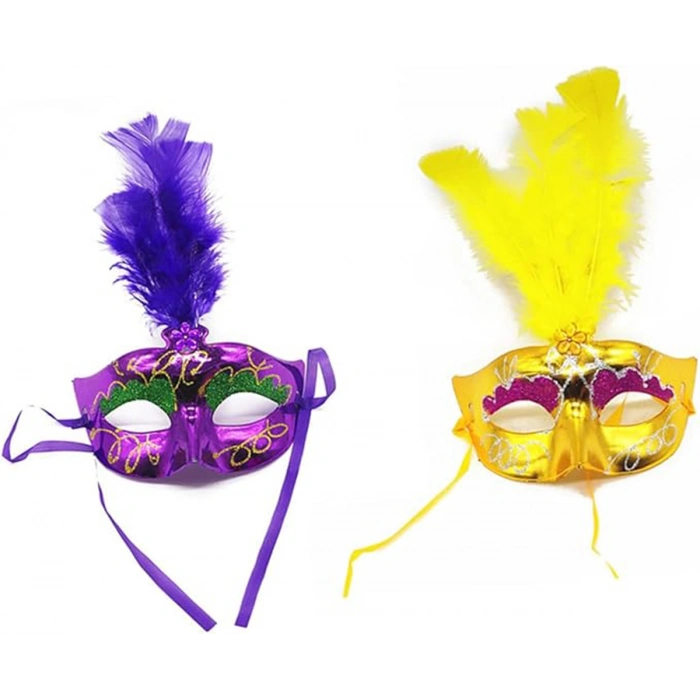 Renkli Tüylü Venedik Parti Maskesi Karışık Renk 12 Adet