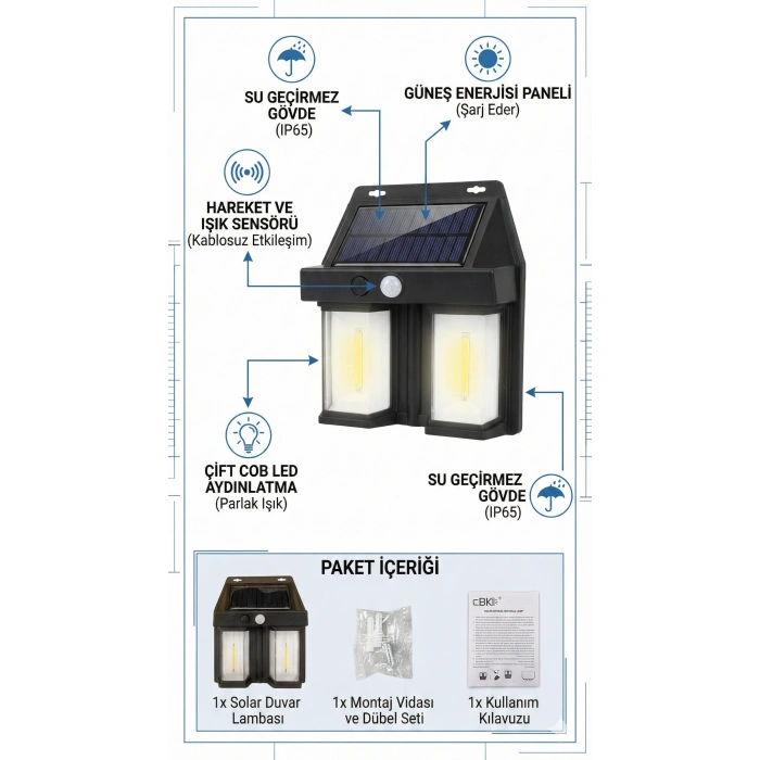 Rustik Ampul İkili Solar Duvar Aplik Güneş Enerjili Hareket Sensörlü