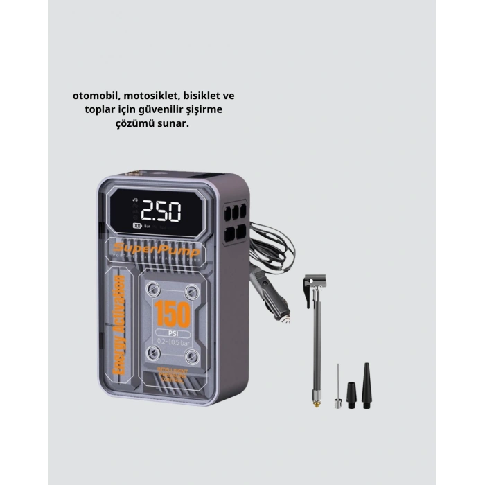 Şarjlı Kablosuz Hava Pompası – 150 PSI Basınç, LED Ekran ve 6000mAh Batarya