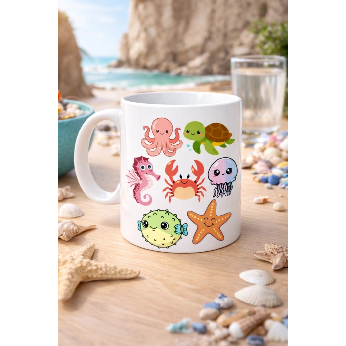 Sevimli Deniz Canlıları Desenli Porselen Kupa MODEL 118 – Ahtapot, Kaplumbağa, Yengeç ve Deniz Yıldızlı Kahve Kupası
