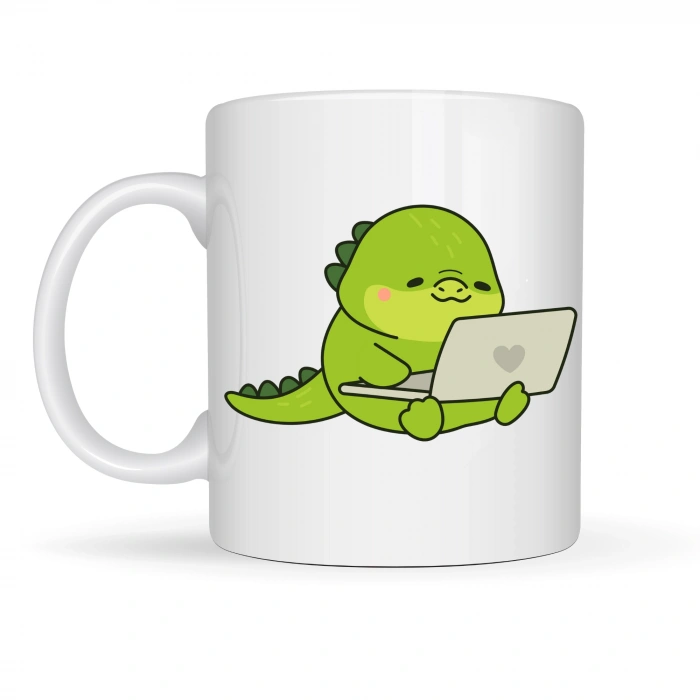 Sevimli Dinozor Tasarımlı Porselen Kupa MODEL 117 – Laptoplu Tatlı Dino Figürlü Ofis & Ev Kahve Kupası