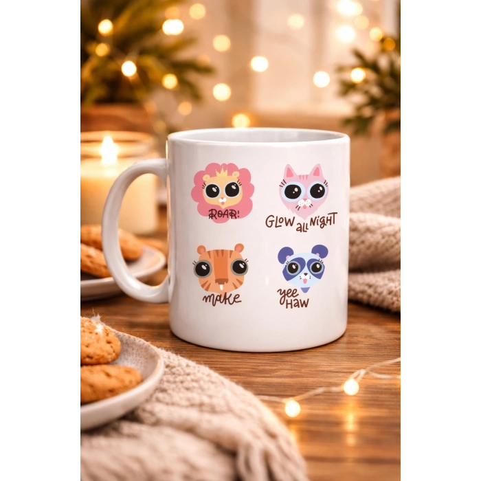 Sevimli Hayvan Figürlü Porselen Kupa MODEL 70 – “Roar • Glow All Night • Make • Yee Haw” Tasarımlı Özel Baskı Kupa