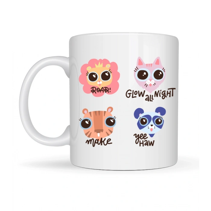 Sevimli Hayvan Figürlü Porselen Kupa MODEL 70 – “Roar • Glow All Night • Make • Yee Haw” Tasarımlı Özel Baskı Kupa