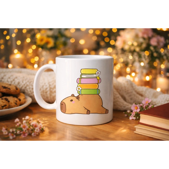 Sevimli Kapibara Kitaplı Kupa MODEL 101 – Kahve & Çay Kupası Kitap Severlere Özel Tatlı Tasarım Porselen Kupa