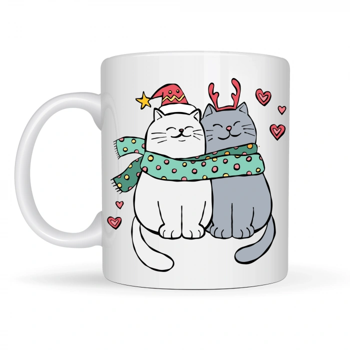Sevimli Kedi Figürlü Yılbaşı Temalı Porselen Kupa MODEL 75 – Aşık Kediler Desenli, Sıcacık Tasarım, Kahve & Çay Kupası