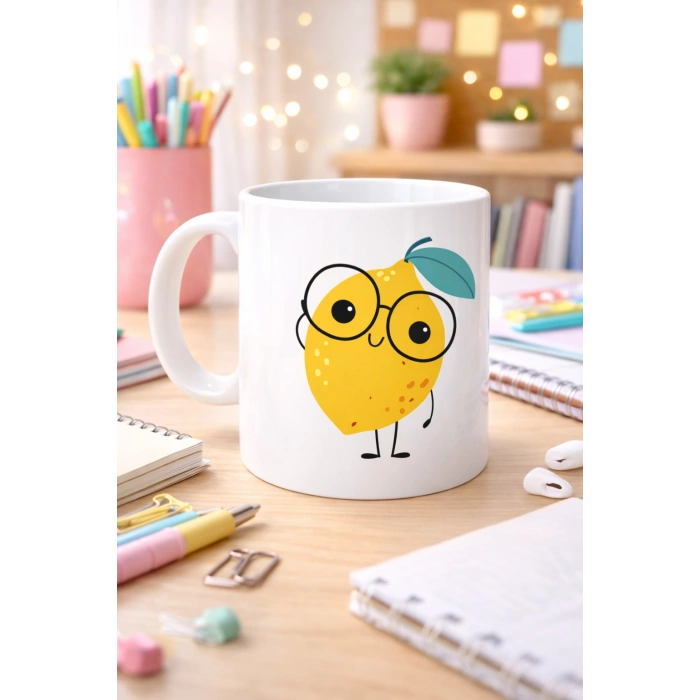 Sevimli Limon Tasarımlı Porselen Kupa MODEL 121 – Gözlüklü Tatlı Limon Figürlü Kahve & Çay Kupası