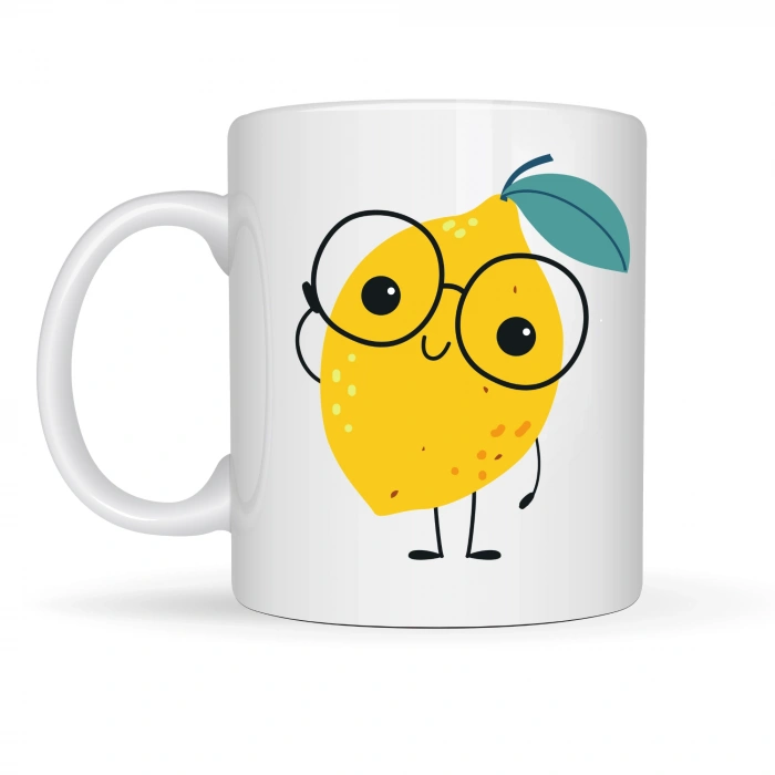 Sevimli Limon Tasarımlı Porselen Kupa MODEL 121 – Gözlüklü Tatlı Limon Figürlü Kahve & Çay Kupası