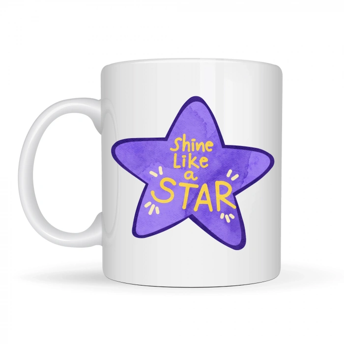 Shine Like a Star – Motivasyon Mesajlı Mor Yıldız Tasarımlı Porselen Kupa MODEL 122 , Günlük Kullanım & Hediye Kupası