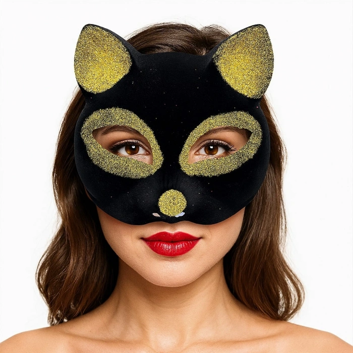 Siyah Renk Gold Simli Süet Kaplama Kedi Maskesi 18x14 cm