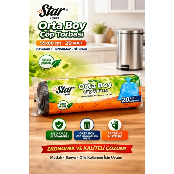 Star Plus Orta Boy Çöp Torbası 20li 1 Paket 55x60 cm Dayanıklı Sızdırmaz Orta Boy Çöp Poşeti