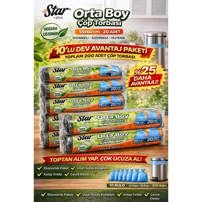 Star Plus Orta Boy Çöp Torbası 20li 10 Paket 55x60 cm Dayanıklı Sızdırmaz Orta Boy Çöp Poşeti