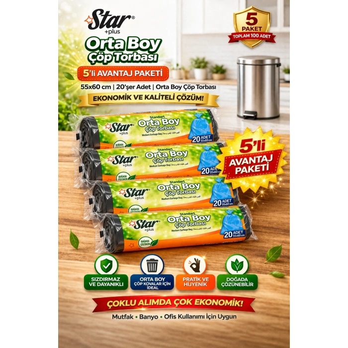 Star Plus Orta Boy Çöp Torbası 20li 5 Paket 55x60 cm Dayanıklı Sızdırmaz Orta Boy Çöp Poşeti