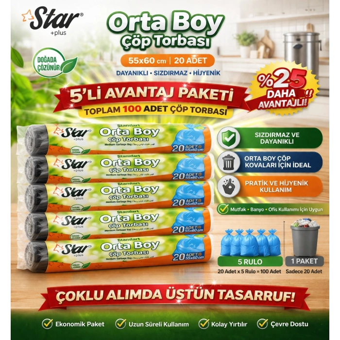 Star Plus Orta Boy Çöp Torbası 20li 5 Paket 55x60 cm Dayanıklı Sızdırmaz Orta Boy Çöp Poşeti