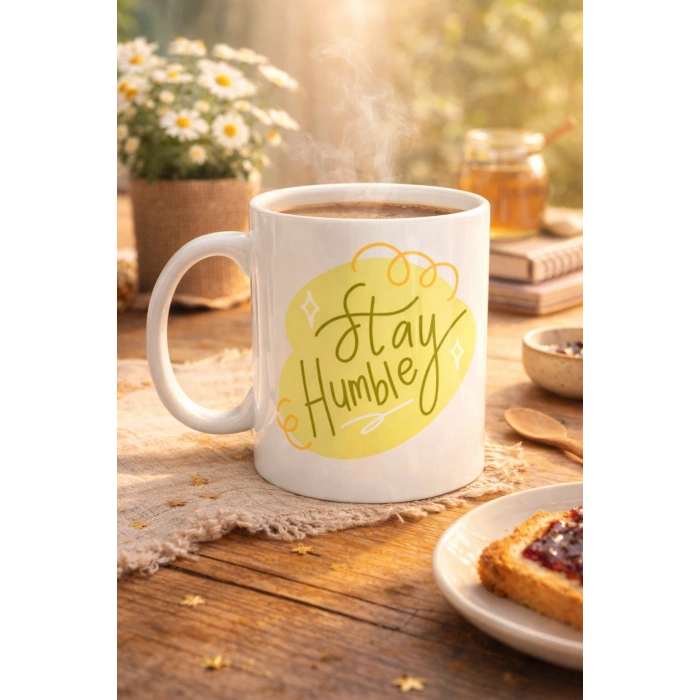 Stay Humble Porselen Kupa MODEL 129 – Minimal Motivasyon Kupası, Şık Tasarım, Günlük Kahve & Çay Kupası