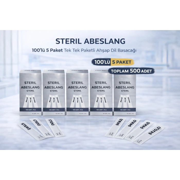 Steril Abeslang 100lü 5 Paket Tek Tek Paketli Ahşap Dil Basacağı Medikal Spatula Toplam 500 Adet