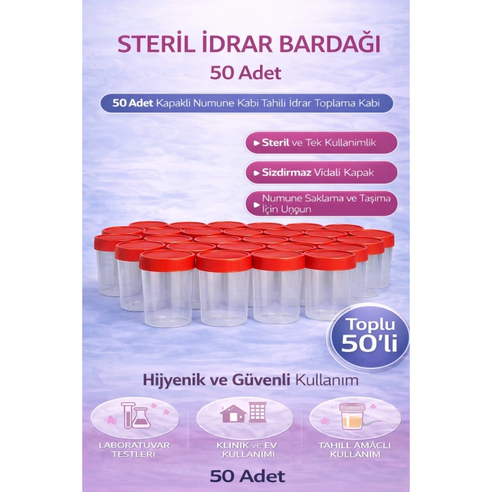 Steril İdrar Kabı Kapasiteli Numune Toplama Kabı 50 Adet