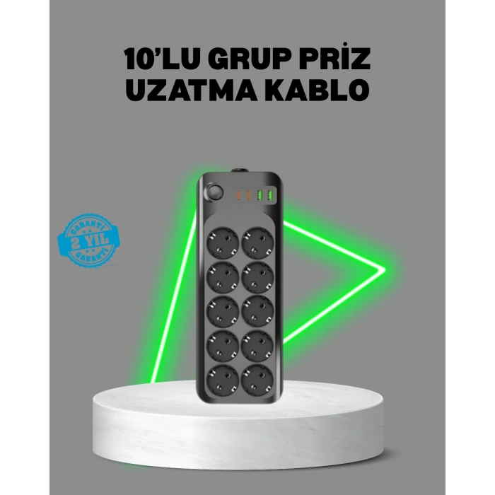 Termal Akım Korumalı 10’lu Grup Priz USB Type-C Hızlı Şarj 2500W 2m Kablo