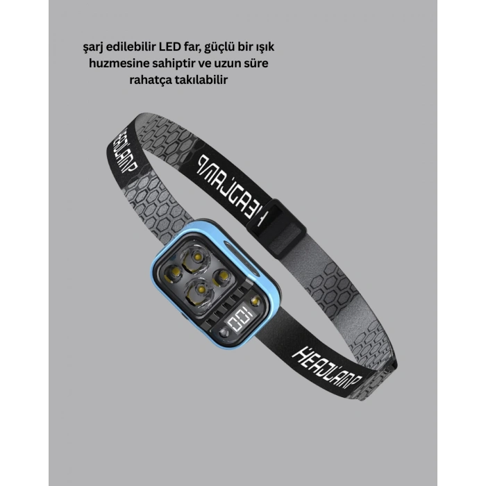 Üç Renkli LED Kafa Feneri 53 Mod Güç Göstergeli Type C Şarjlı