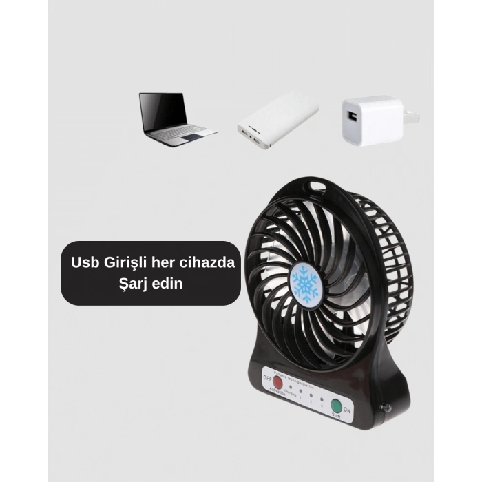 USB Girişli Taşınabilir Masaüstü Mini Fan – 3 Kademeli Hız, Şarjlı, Işıklı, Sessiz Çalışma