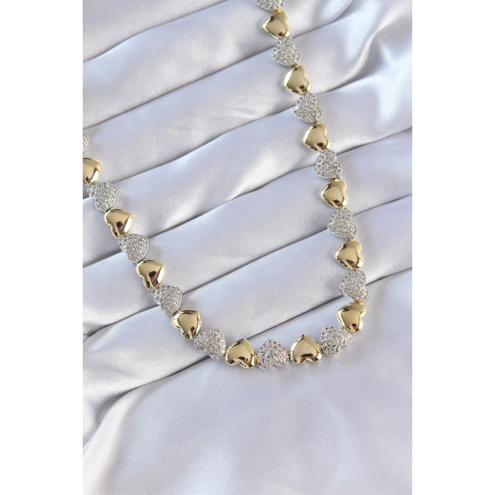 Vip Seri Pirinç Çift Renk Zirkon Taşlı Kalp Tasarımlı Kolye