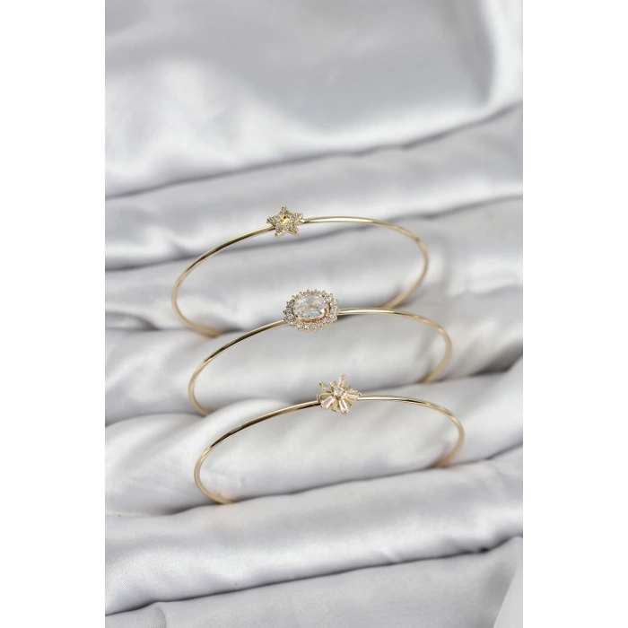 Zirkon Taşlı Gold Renk Tek Taş Model 3lü Kadın Bileklik Kombini